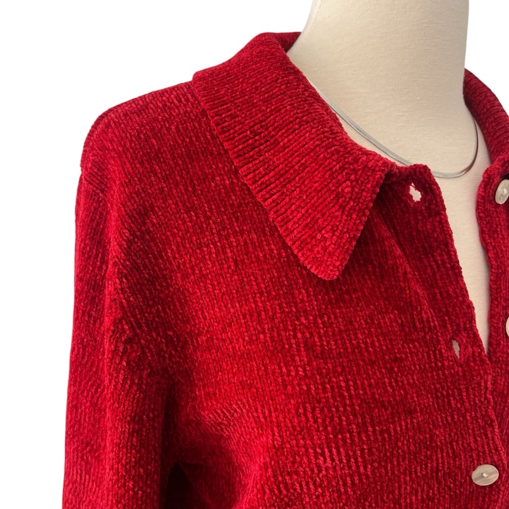 Vintage 90s Denim & Co. red chenille cardigan sweater S - Picture 9 of 15
